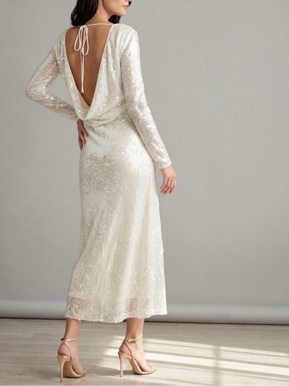Wayf Ivory Sequin Midi Dress with Open Back